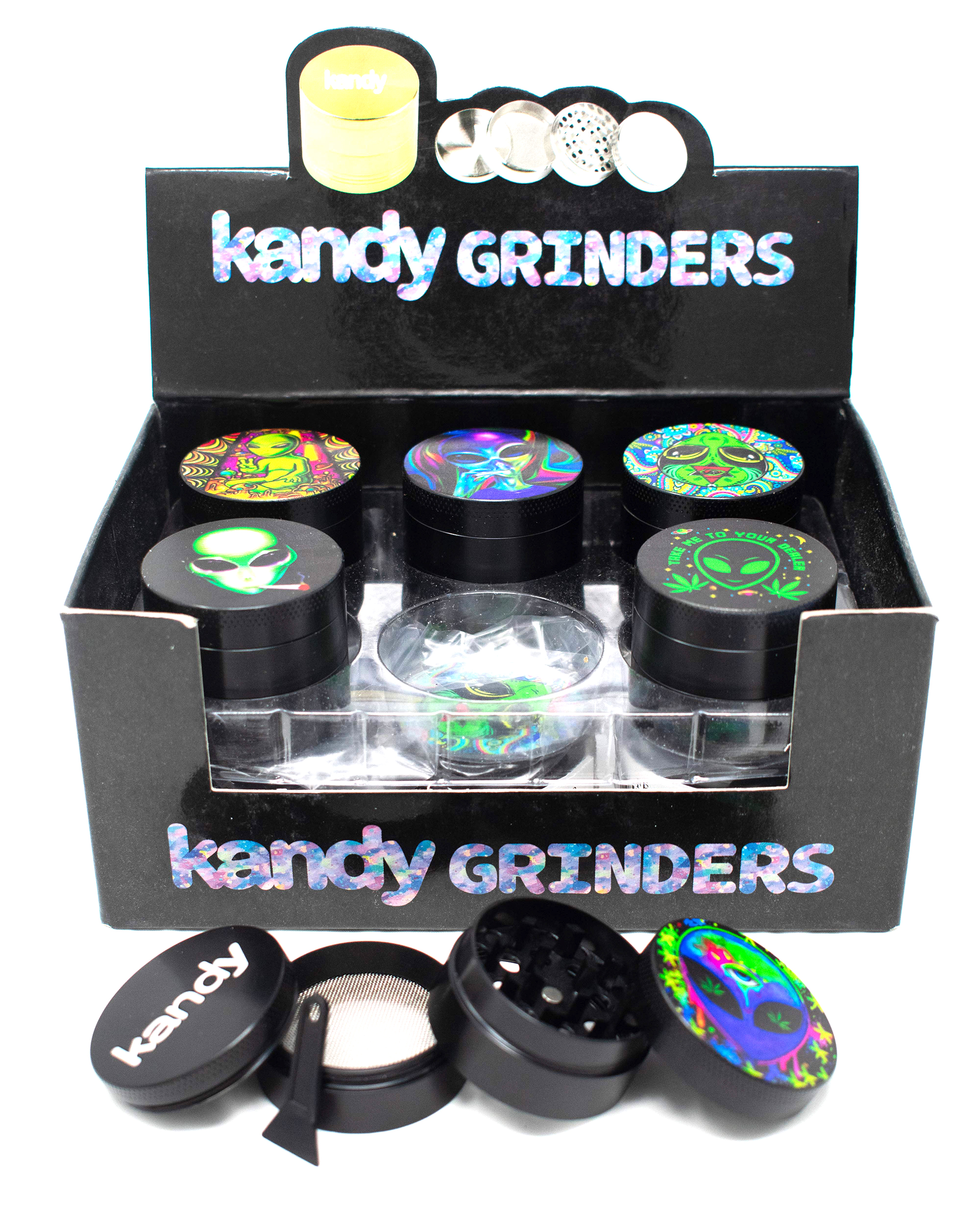 Kandy Grinder Zinc Alloy Colorful Alien Print On The Top Grinder 40Mm 4Pts - Mixed Designs