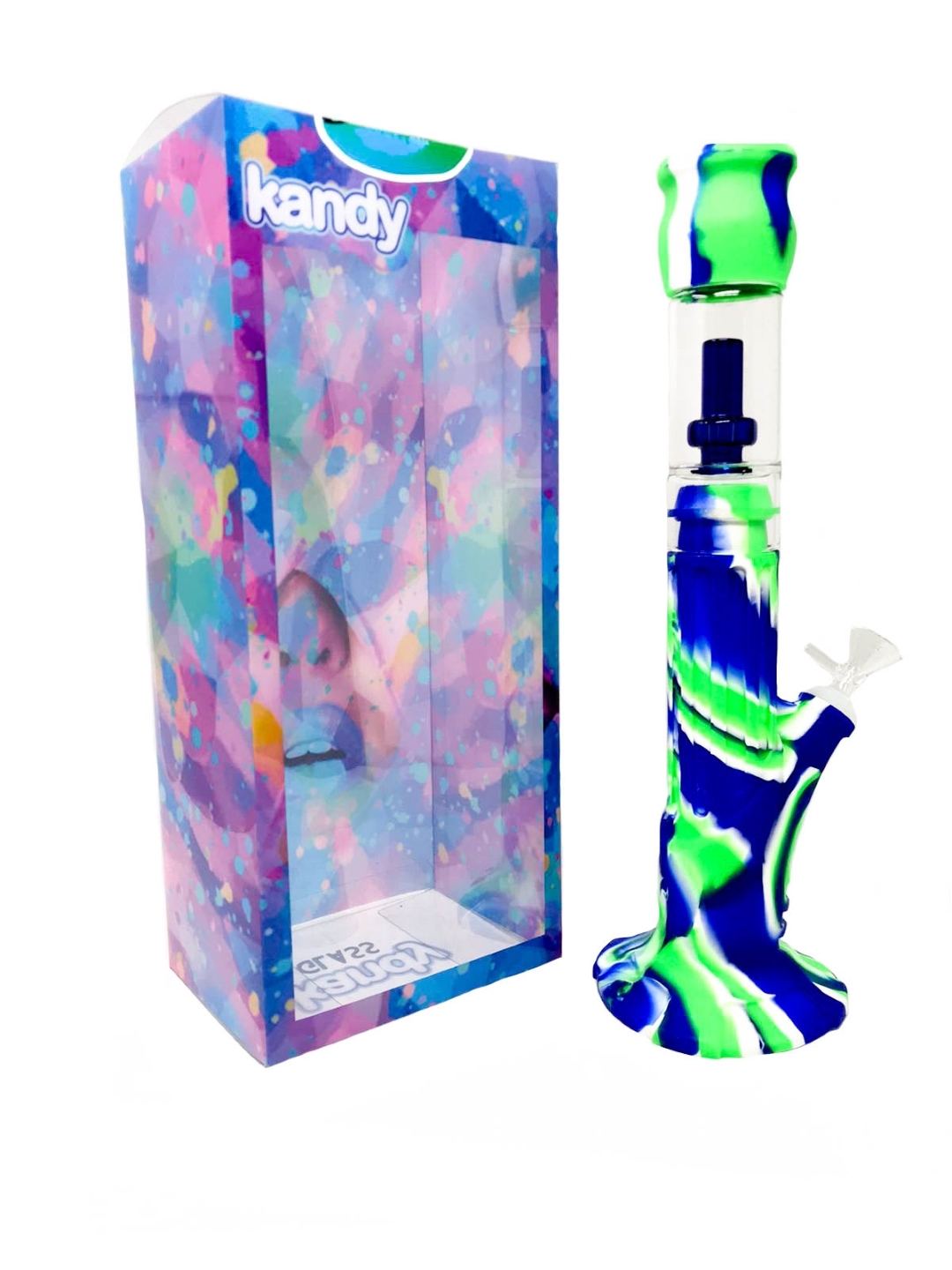 Kandy Water Pipe Silicone 14" Straight Tube W/lines In The Middle & Glass Slitted Perc W/pvc Cover