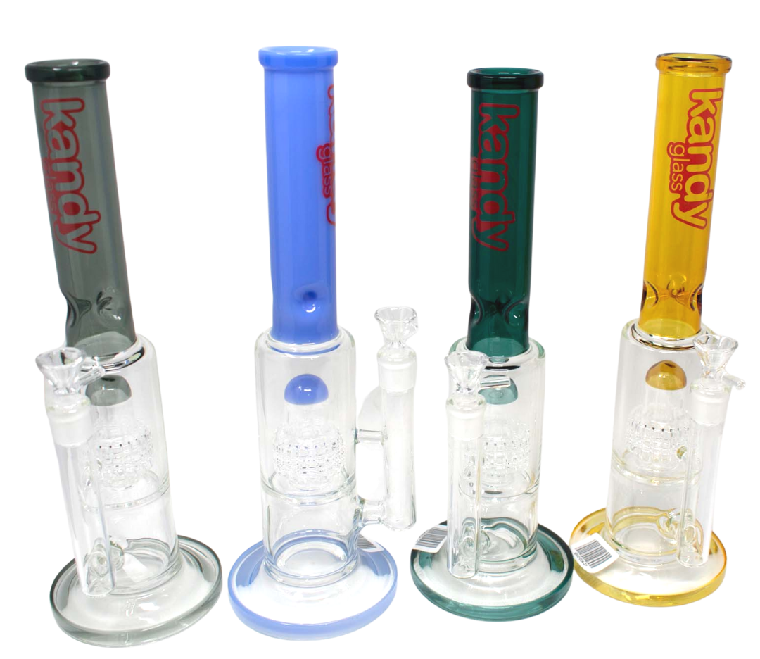 Kandy Glass Water Pipe 13" W/Slitted Perc & Dome On Top Ice Catcher W/Colored Base & Neck