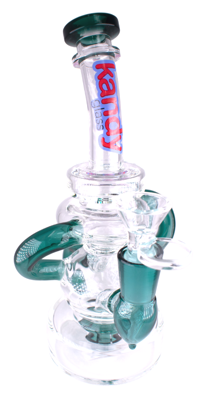 Kandy Glass Hand Pipe 7.5" Bent Neck W/Recycler & Slitted Perc, Thick Base W/Ring On Neck, Colored Perc & Mouthpiece