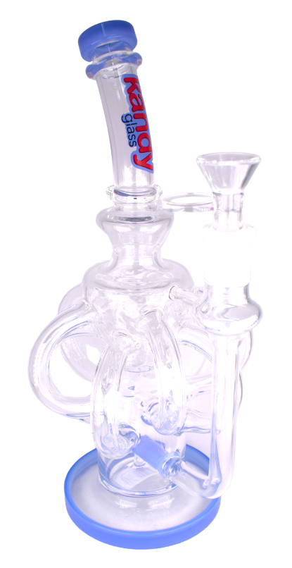 Kandy Glass Water Pipe 10" Bent Neck W/Whistle & Multiple Recycler Perc W/Rings On Neck, Colored Base, Perc & Mouthpiece