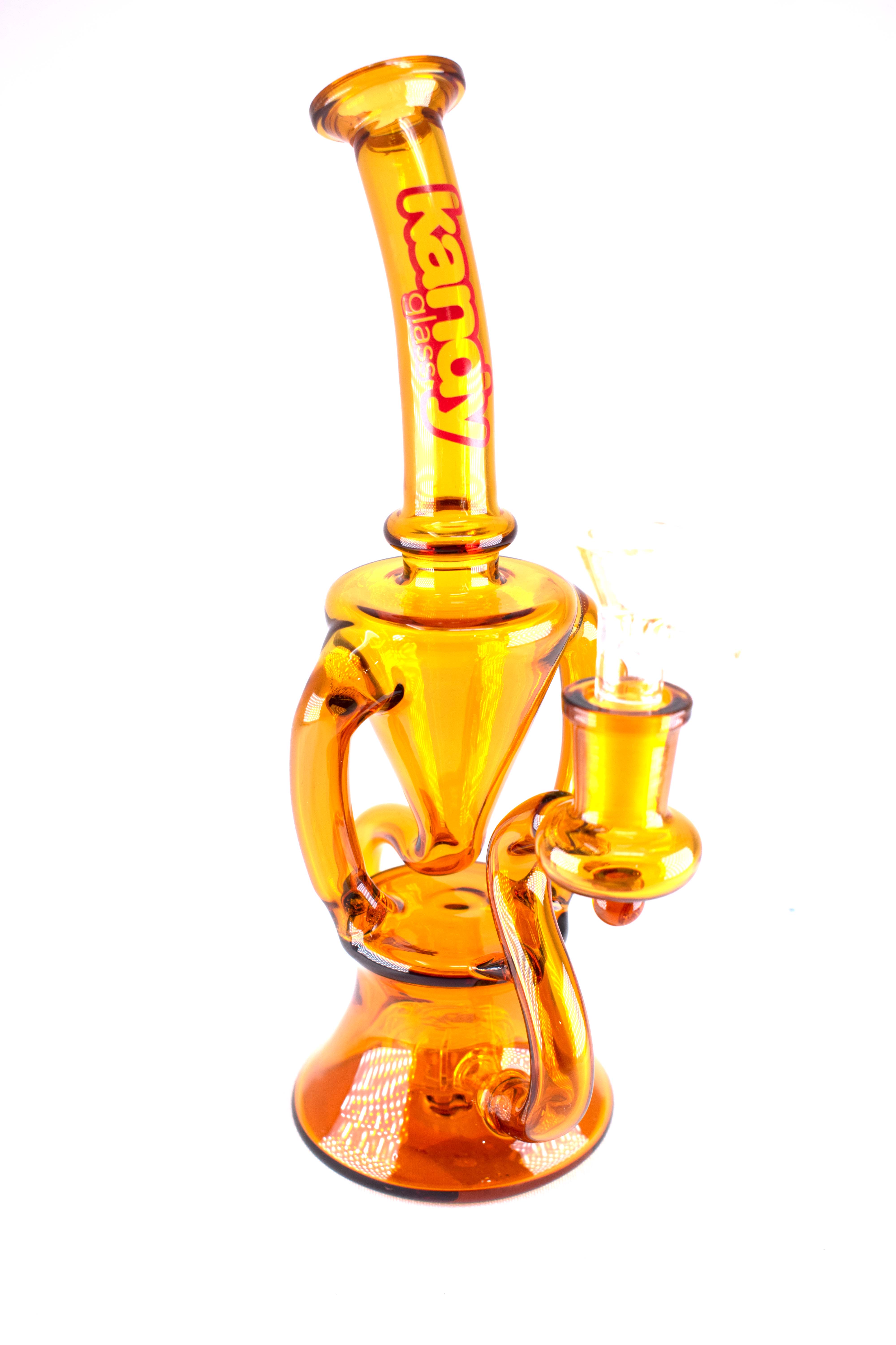Kandy Glass Water Pipe 9" Bent Neck W/Slitted & Recycler Perc & Upside Down Cone In The Middle & Ring On Neck