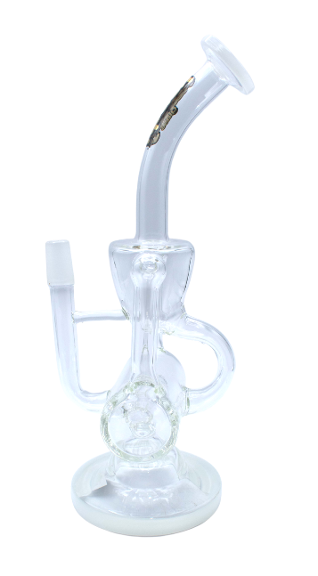 Kandy Glass Water Pipe 10" Bent Neck W/Recycler & Slitted Barrel Perc, Cylindrical & Upside-Down Cone Body W/Colored Base & mouthpiece