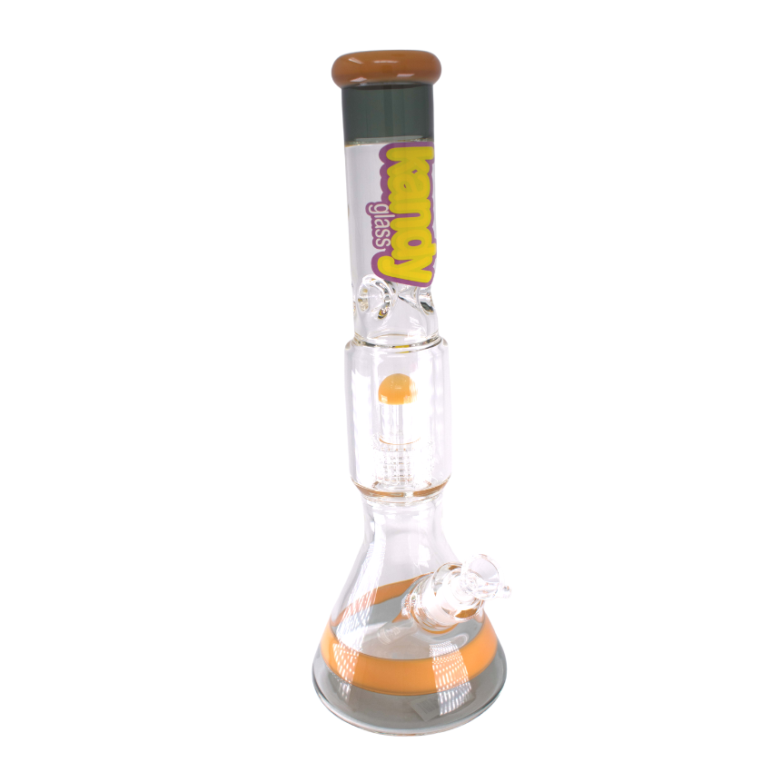 Kandy Glass Water Pipe 16" Beaker Base w/Slitted Shower Head Perc in Middle and Colored Stripe on Base, Perc and Mouth Kandy Glass Water Pipe 16" Beaker Base w/Slitted Shower Head Perc in Middle and Colored Stripe on Base, Perc and Mouth