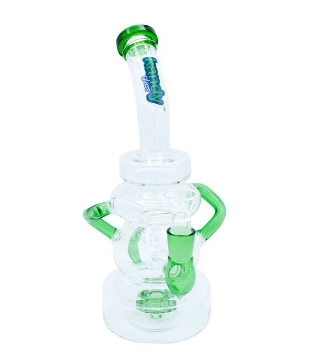 Kandy Glass Water Pipe 11.5" Bent Neck W/Recycler & Slitted Perc Inside a Thick Base, Round & Big Ring In The Middle W/Wide Ring On Neck