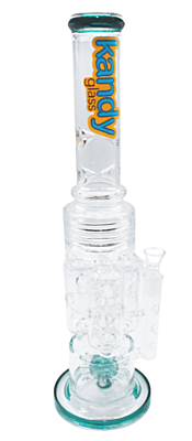 Kandy Glass Water Pipe 18.5" W/Tube Perc, Multiple Cylinder W/Ice Catcher Shape All Over W/Ring & Dual Ice Set Catcher On The Neck, Colored Base, Perc & Mouthpiece