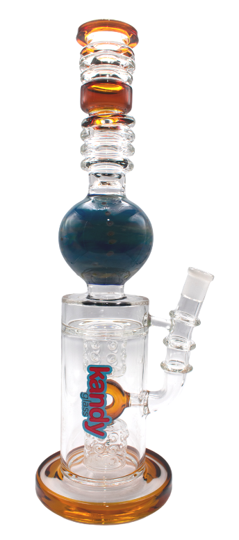 Kandy Glass Water Pipe 16" W/Donut Perc, Cylindrical Body & Globe W/Design On It, Rings All Over The Neck. Colored Base, Perc & Mouthpiece