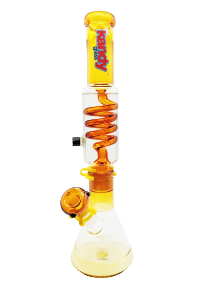 Kandy Glass Water Pipe 16" Beaker Two Part Beaker Base, Glycerin On Top W/ Colored Spiral In The Middle, Colored Mouthpiece Base & Bowl