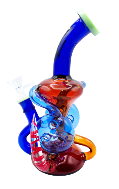 Kandy Glass Water Pipe 10" Bent Neck W/Recycler Perc, Two Circle W/Holes Inside. Horns On Each Side