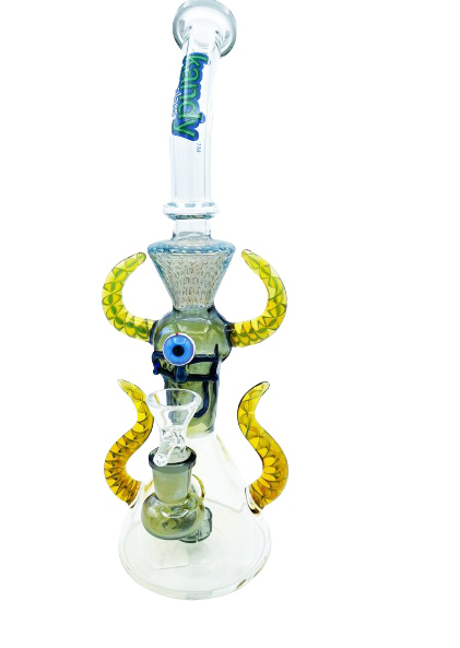 Kandy Glass Water Pipe 12" Bent Neck Beaker Base W/Slitted Perc, Skull W/Eye In The Middle, Upside-Down Pyramid & Ring On Neck W/Dual Horns On The Base & Skull
