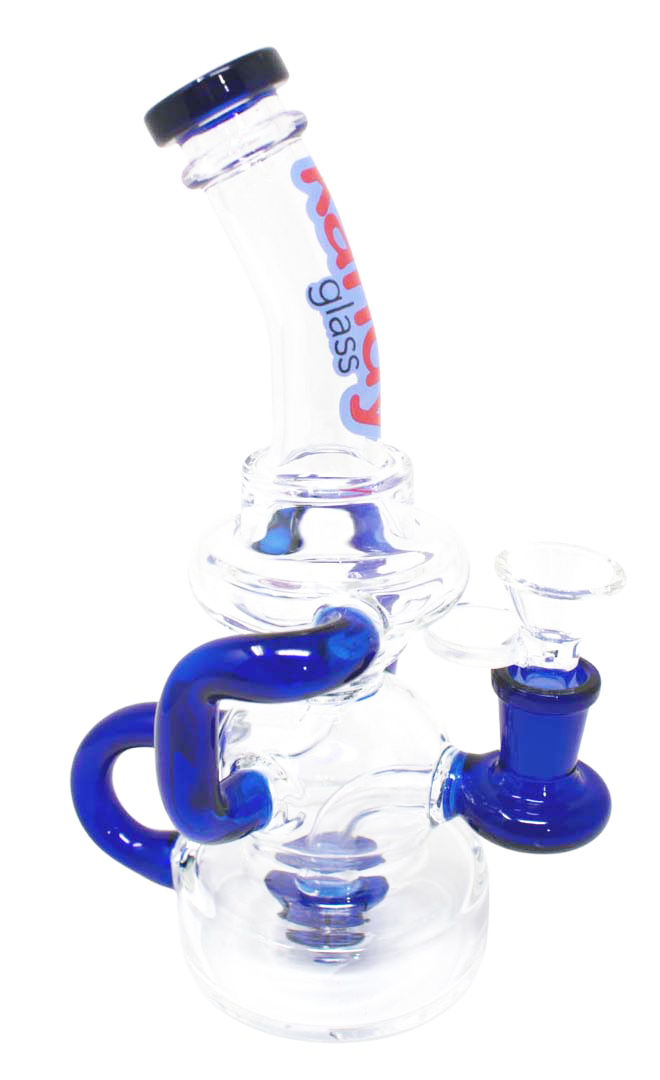Kandy Glass Water Pipe 8" Recycler Bent Neck W/Slitted Perc Inside Thick Base, Ring In The Middle & Neck W/Colored Perc & Mouthpiece