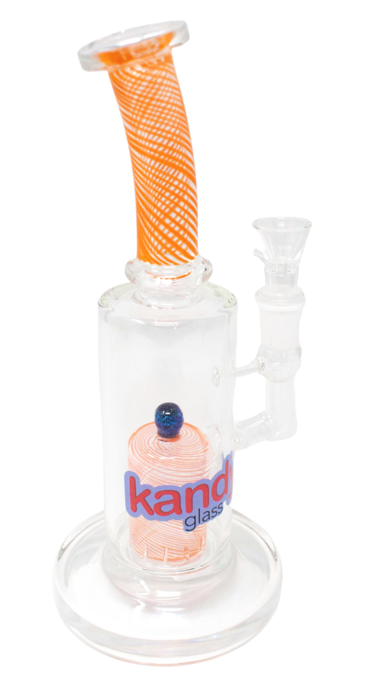 Kandy Glass Water Pipe 9" Bent Neck W/Cylindrical Slitted Perc & Marble On Top W/Ring On Neck Colored Lines On Perc & Neck