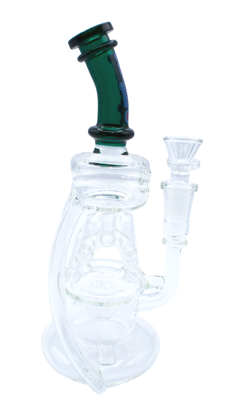 Kandy Glass Water Pipe 9" Bent Neck W/Recycler & Slitted Dual Ring Perc, Roof Shaped Tubes W/Colored Neck & Rings On Neck