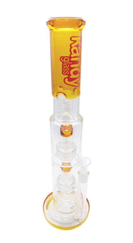 Kandy Glass Water Pipe 17" W/Dual Slitted Perc & Cylinder Shape On Top W/Slitted Dome In Neck. Colored Base, Cylinder & Neck