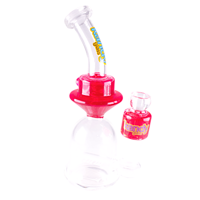 Kandy Water Pipe 8" Bent Neck Bell Base W/Whistle Perc & UFO Shape Ring On Neck W/Glycerin Inside It & Glycerin Bowl